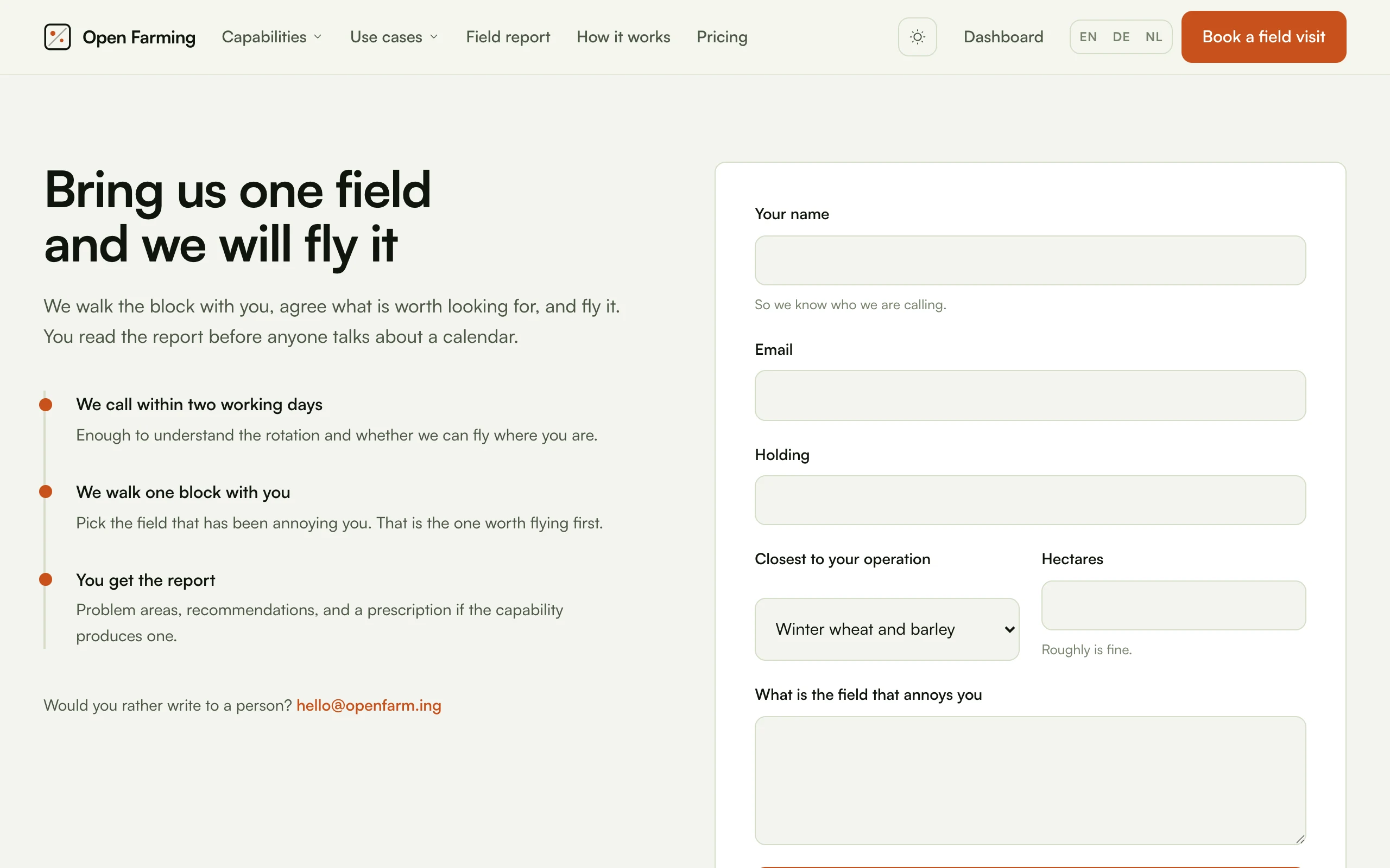 The contact page's booking form: name, email, holding, a segment picker, hectares and a message field