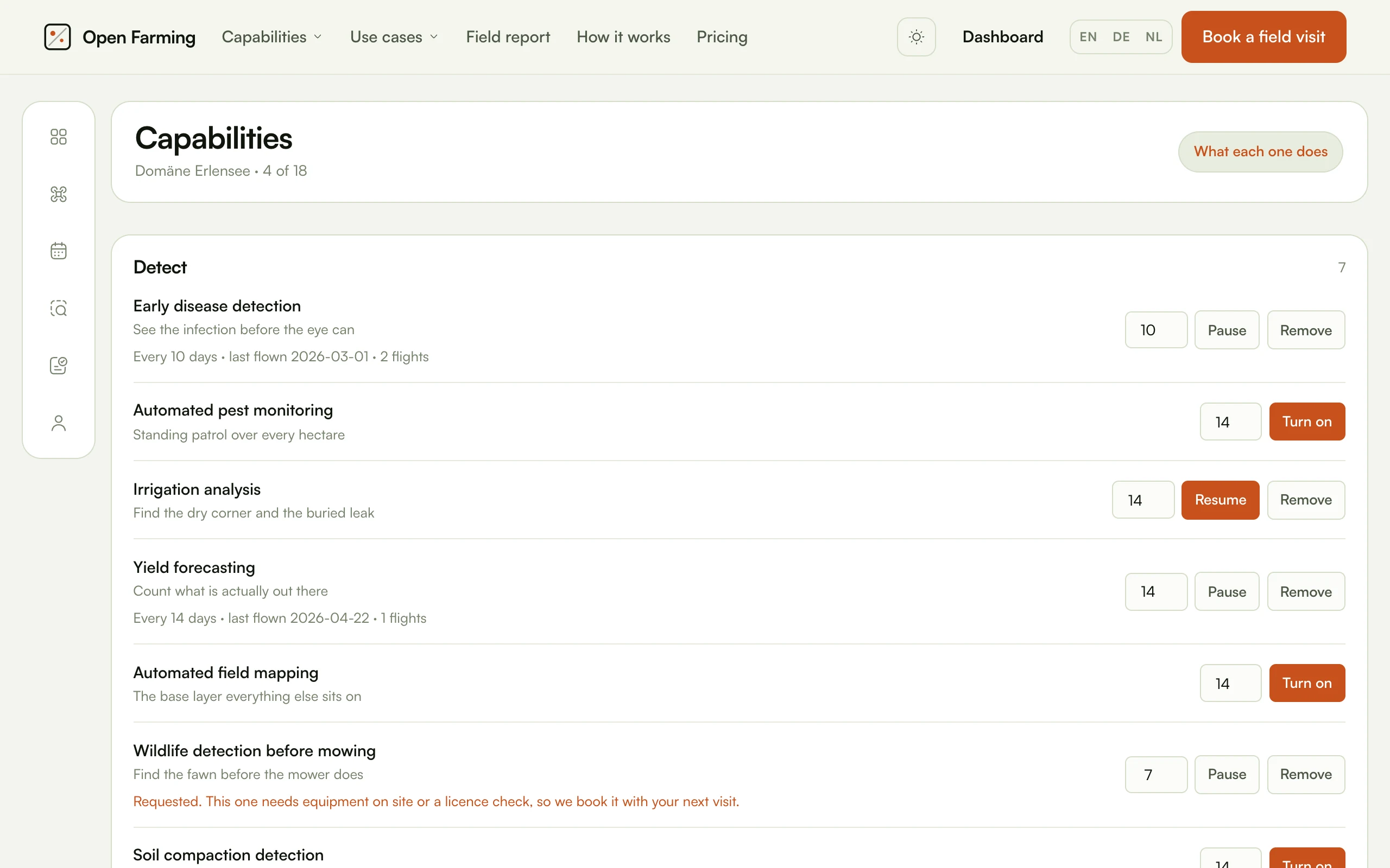 The capabilities page: 4 of 18 active, with cadence inputs, Pause, Resume, Remove and Turn on controls