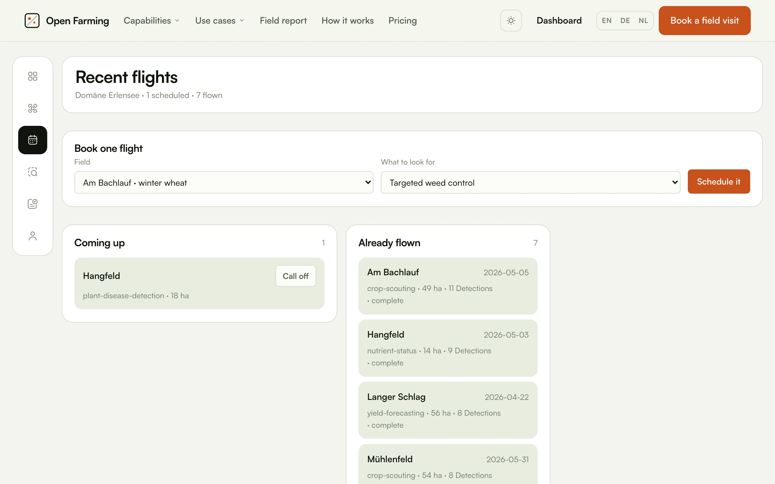 The flights page: a Book one flight form, one flight coming up with a Call off button, and seven already flown