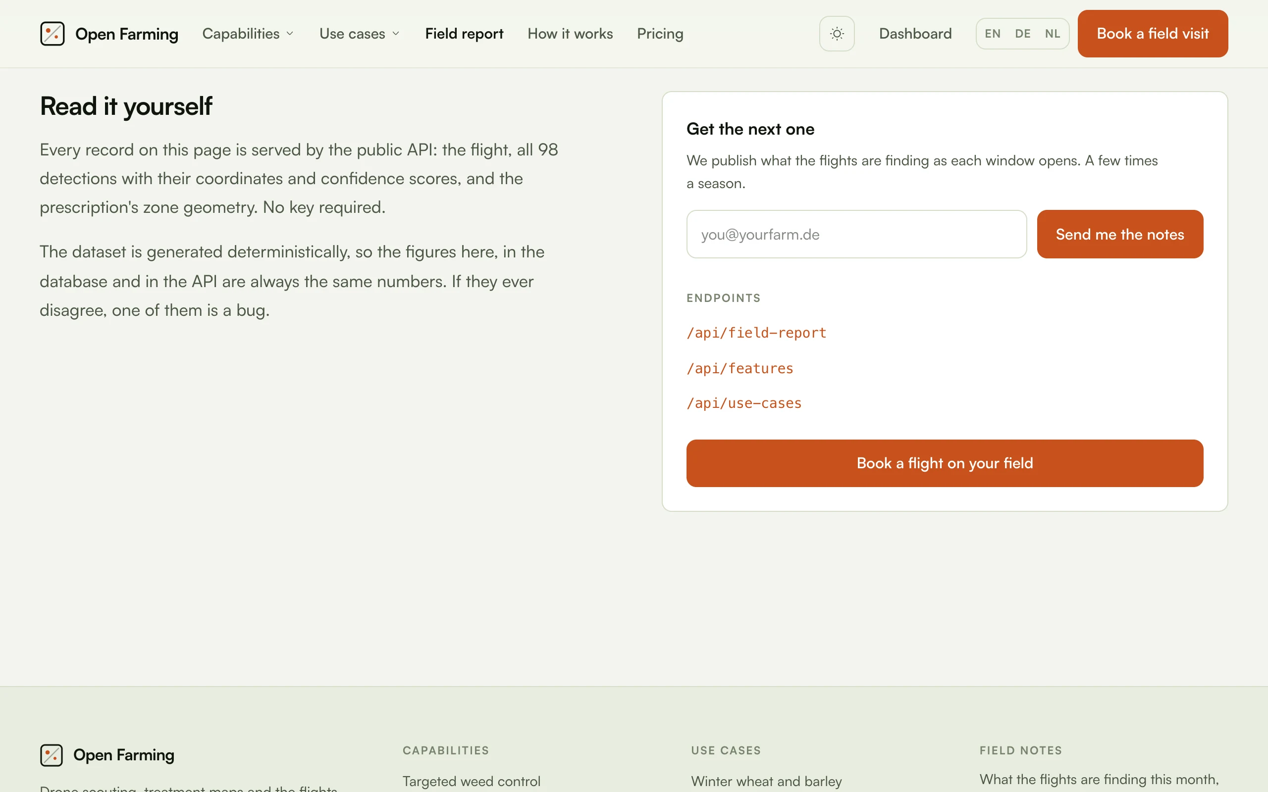 The "Read it yourself" panel on the field report page, listing /api/field-report, /api/features and /api/use-cases