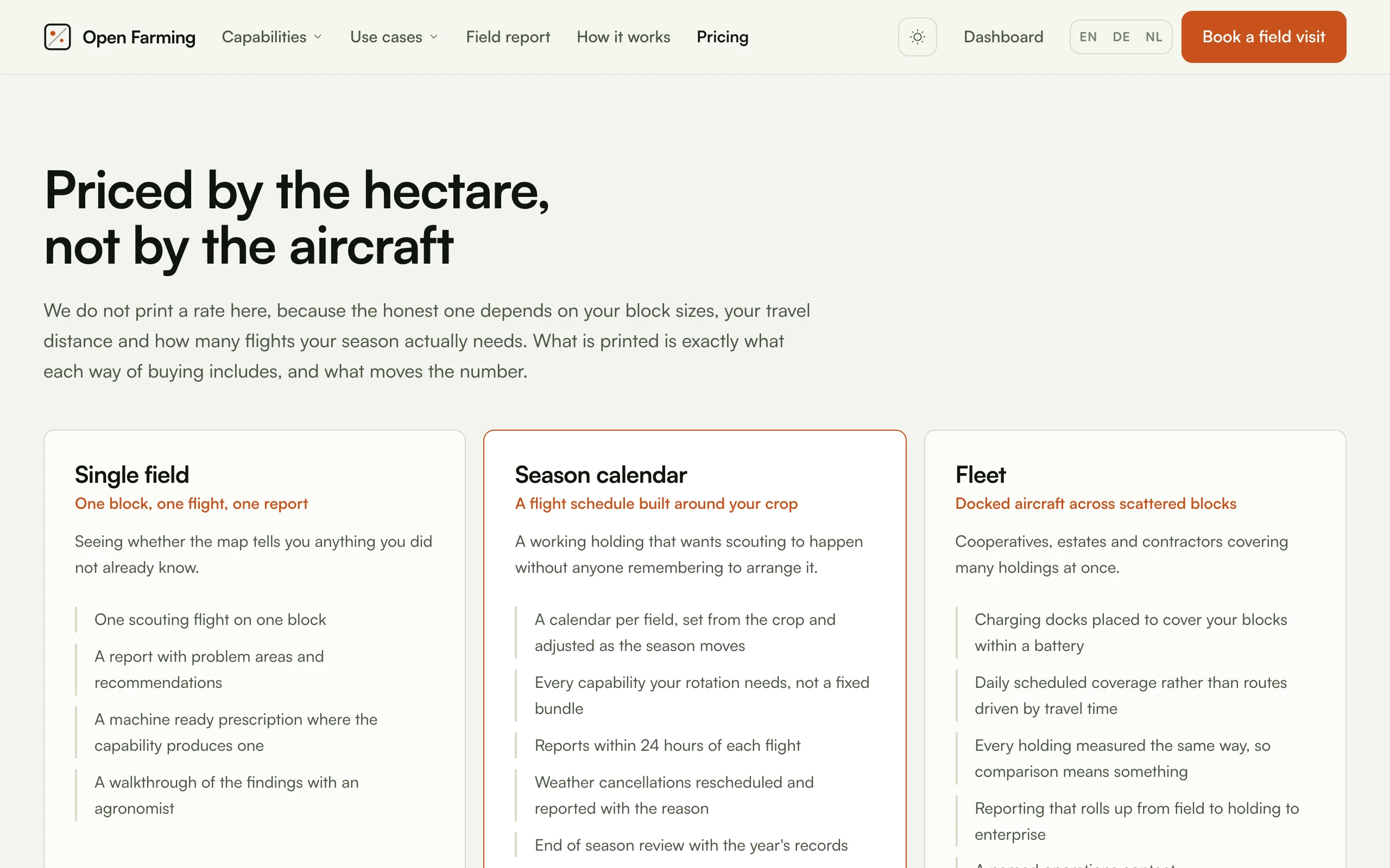 The pricing page: three tiers, Single field, Season calendar and Fleet