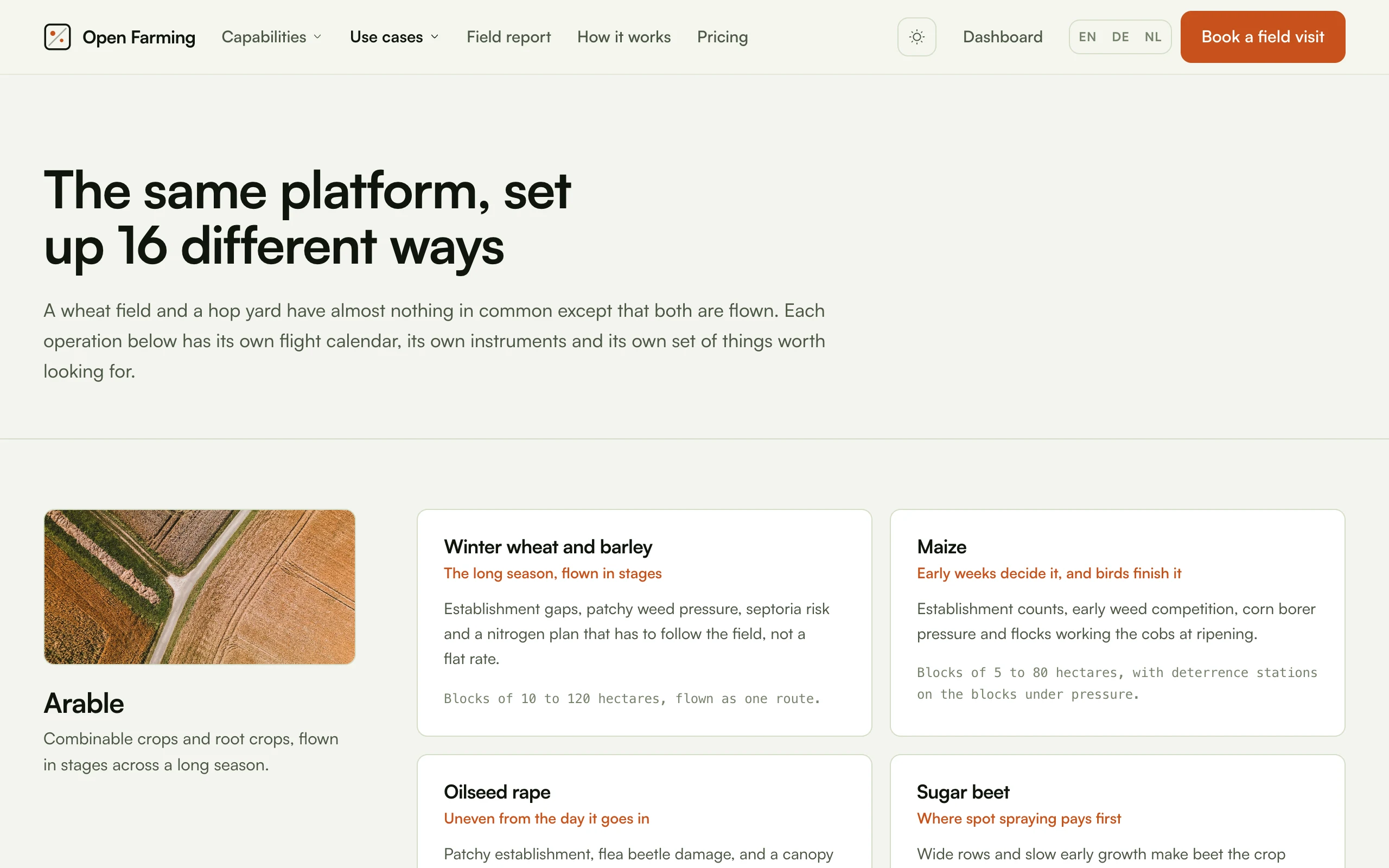 The use case index on openfarm.ing: "The same platform, set up 16 different ways", with the arable segment and its crops